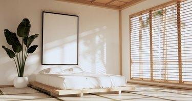 Quarto tranquilo moderno. quarto estilo japão. renderização em 3D