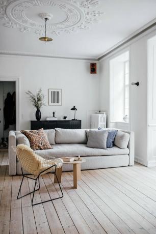 Scandinavische woonkamer met bank en fauteuil