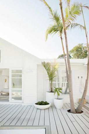 Witte exterieur strandhuis kleuren met dek en palmbomen