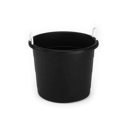 Recipiente de armazenamento de plástico preto com alças de corda brancas
