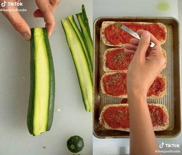 due schermate che mostrano una zucchina sbucciata e la salsa di pomodoro applicata al pane su una teglia