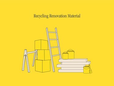 Iliustracija, kurioje pateikiami perdirbamų renovacijos medžiagų pavyzdžiai.