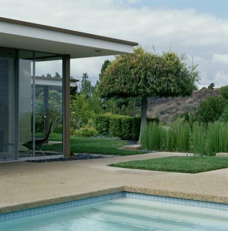 Πισίνα και όμορφα διαμορφωμένη αυλή δίπλα σε μοντέρνο σπίτι