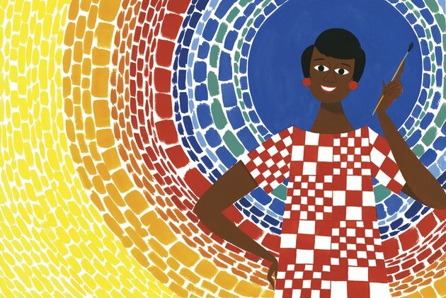 ilustração de Alma Thomas segurando um pincel com fundo colorido