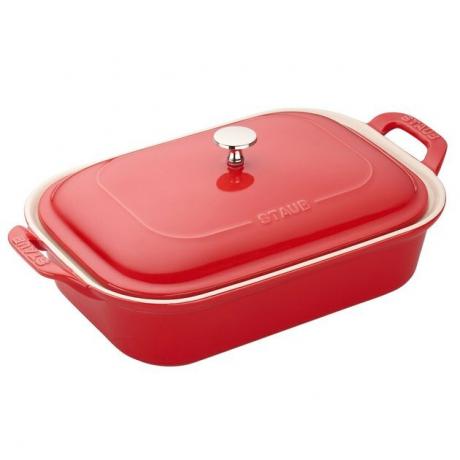 assadeira de cerâmica vermelha com tampa da Staub