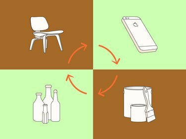 Iliustracija, kurioje pavaizduoti keturi daiktai (kėdė, mobilusis telefonas, buteliai ir dažai) su perdirbimo rodykle centre.