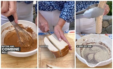 Sulla sinistra c'è una pastella per toast alla francese che sbatte a mano. Al centro ci sono le mani che tagliano i toast del Texas in tre parti. Sulla destra c'è una mano che usa le pinze per immergere il pane nella pastella del toast francese.