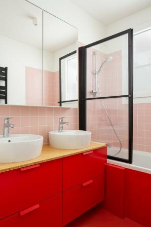 idéia do banheiro do porão rosa e vermelho com janela