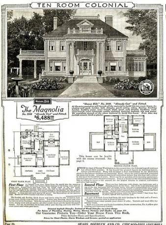 pubblicità in bianco e nero con immagini e testo, il testo grande in alto recita "Ten Room Colonial"