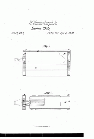 Ένα δίπλωμα ευρεσιτεχνίας για ένα τραπέζι σιδερώματος, που χορηγήθηκε στους William Vandenburg και James Harvey το 1858.