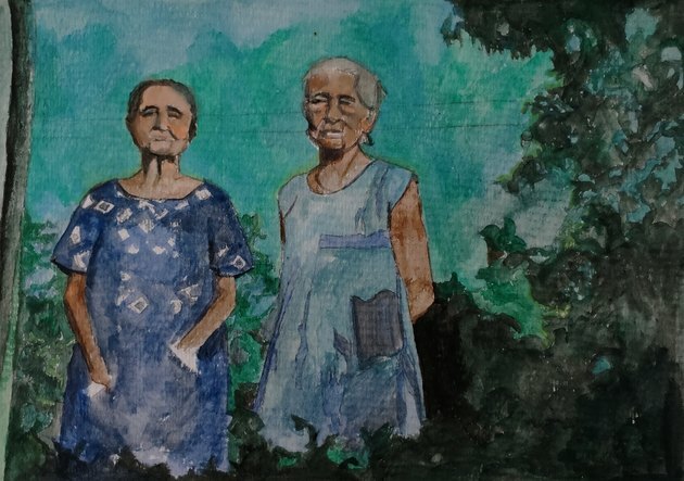 Aquarela de duas mulheres idosas usando vestidos de casa do lado de fora entre as árvores