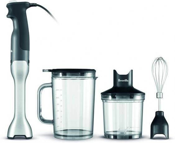 Breville BSB510XL kontrollgrep nedsenkbar blender er en ergonomisk stavmikser, utstyrt med 280 watt og 15 hastigheter. På toppen av justerbare hastigheter og en ikke-ripe base, kommer den også med en hakkebolle, stor kanne og visp.