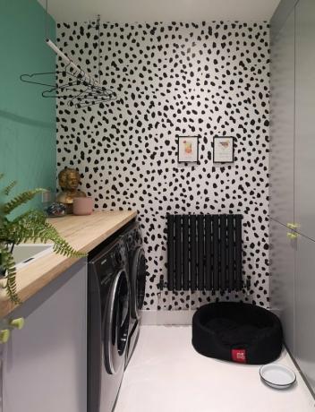 Idéias para uma pequena lavanderia econômica em uma lavanderia verde com mural irregular e cabide de roupas