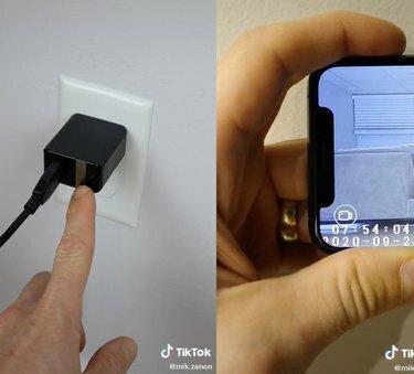 duas capturas de tela de um vídeo tiktok, uma mostrando um dedo apontando para um carregador hpone e outra mostrando parte da imagem de uma câmera em um telefone