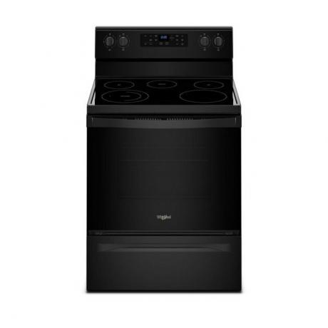 Fogão elétrico com tampo de vidro preto e cooktop liso