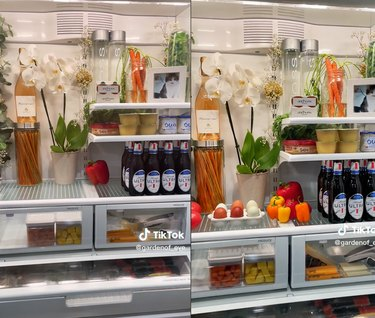 Διαίρεση οθόνης ενός ψυγείου γεμάτου με τρόφιμα και λουλούδια