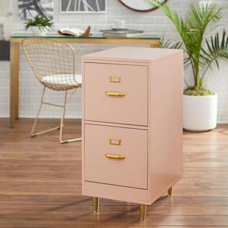 Gabinete de arquivo rosa de 2 gavetas com detalhes em ouro