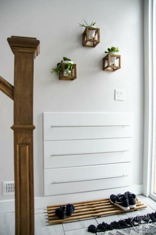 Armazenamento de sapatos na entrada com tapete de madeira minimalista na entrada branca com plantas penduradas na parede