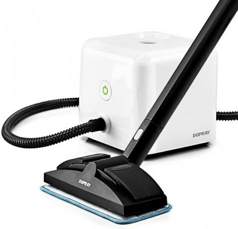 Limpador a vapor em cubo branco com acessório de alcance preto