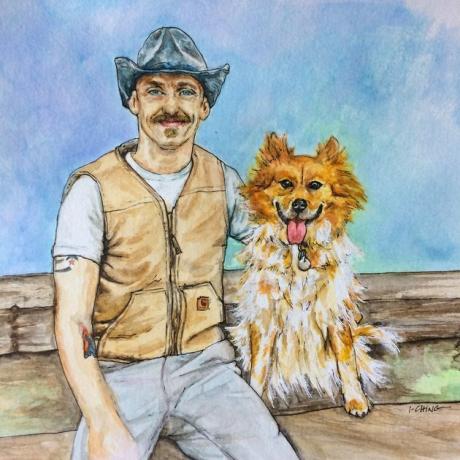 Aquarela de homem com cachorro