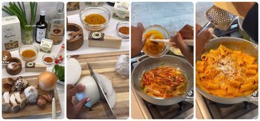 Un collage di quattro immagini, la prima è uno scatto di tutti gli ingredienti per preparare la pasta speziata alla zucca e vodka, la seconda è il creatore che taglia una cipolla su un tagliere di legno, il terzo è il creatore che aggiunge la zucca in una padella ripiena di cipolle e concentrato di pomodoro, il quarto è il creatore che grattugia il parmigiano sopra la pasta ricoperta di salsa di panna nel padella.