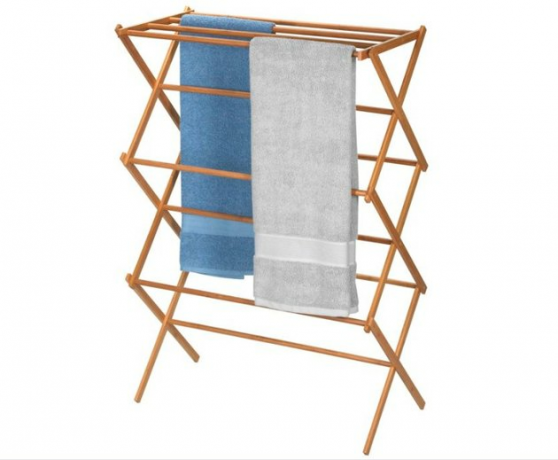 Household Essentials Bamboo X-Frame droogrek voor kleding is volledig gemaakt van natuurlijk levendig bamboe. Deze verbluffend eenvoudige droger biedt tot 25 'droogruimte, voldoende ruimte voor fijne was, handdoeken, beddengoed en alles dat een beetje frisse lucht kan gebruiken.