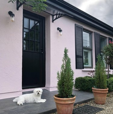 Esterno della casa di lavanda con finestre nere.