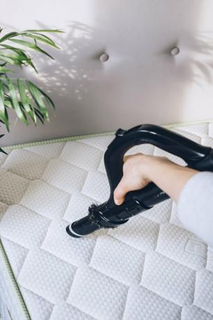 Mão com bocal de vácuo preto aspirando colchão branco com cabeceira branca ao lado da planta