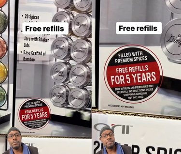 Imagine cu ecran divizat care înfățișează un autocolant cu „reumplere gratuite timp de 5 ani” pe un suport de condimente