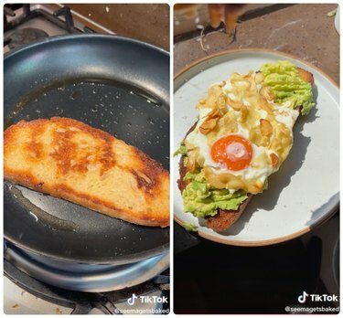 screenshot di tiktok toast all'avocado con uovo fritto all'aglio