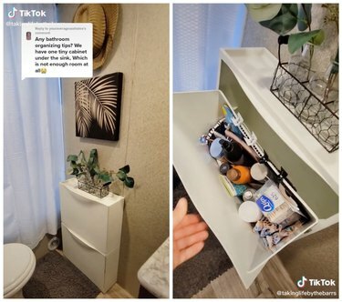 Un'immagine a due riquadri che mostra i prodotti per il bagno conservati in una scarpiera bianca IKEA Trones.