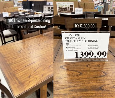 Vienos valgomojo stalo pusės padalinto ekrano vaizdas kairėje ir stalo kainos etiketė dešinėje