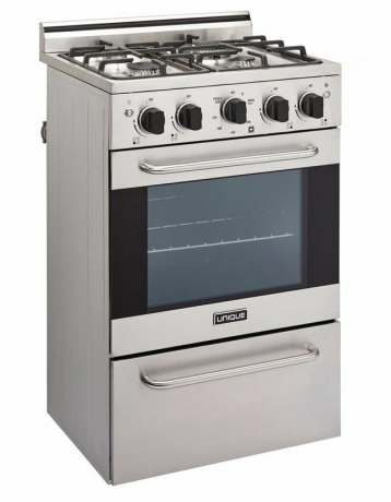Corrediça de aço inoxidável no fogão a gás. Fogão e Forno Pequeno