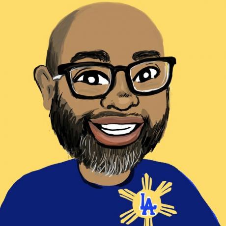 Ilustração digital de um homem de meia-idade com barba usando óculos em um fundo amarelo