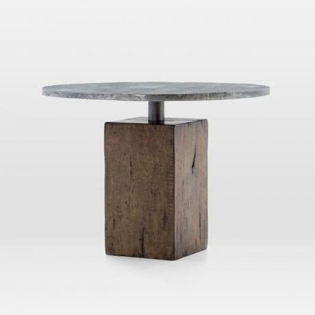 Industrieel meubilair, West Elm eettafel met houten onderstel en aluminium blad