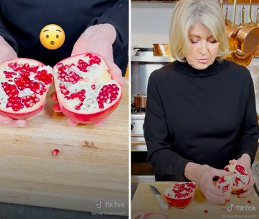 Slika podijeljenog zaslona ruke koja drži dvije polovice nara otvorene s emoji šokiranim licem na jednoj strani i Martha Stewart koja lomi komadiće nara s druge