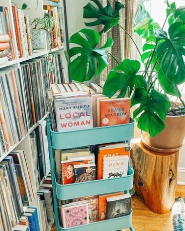 Mintgroene boekenkar tegen een plant geduwd