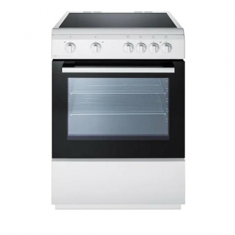 Fogão elétrico de aço inoxidável e vidro preto com botões e cooktop liso