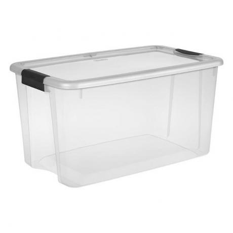 Recipiente de armazenamento de plástico transparente com alças pretas