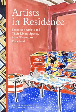 capa com ilustração de mesa e sofá e título "Artistas residentes: Dezessete artistas e seus espaços de convivência, de Giverny à Casa Azul"
