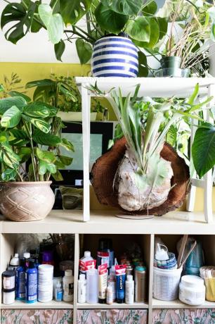 Unidade de estante com vasos de plantas, materiais de pintura e materiais de construção contra uma parede branca e ideias de organização de sala de artesanato de tapeçaria amarela
