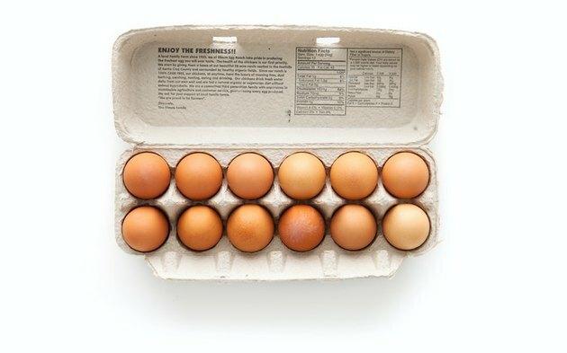 ovos marrons em uma caixa de ovos no fundo branco