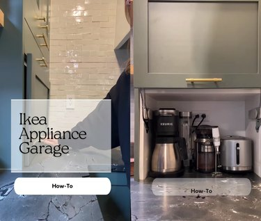 Podijeljeni zaslon naslovne kartice na kojoj je s jedne strane pisalo Ikea Appliance Garage How-To, a kuhinjski uređaji u ormariću na pultu s druge strane