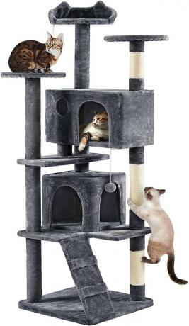 Considere este el centro de entretenimiento para gatos. Este árbol para gatos de varios niveles con varios juguetes, condominios y rascadores mantendrá a sus gatos ocupados todo el día.