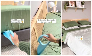 Bed maker vempain tukkii lakanat vihreä ja valkoinen sängyssä