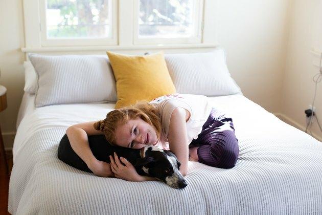 uma mulher abraça seu cachorro em uma cama com um edredom listrado e um travesseiro amarelo brilhante