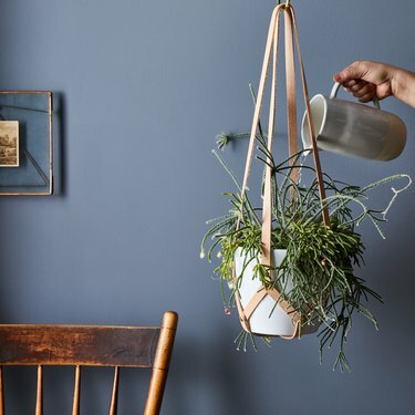 vaso de cerâmica com cabide de couro para plantas