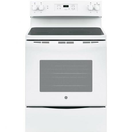 Fogão elétrico com tampo de vidro branco com gaveta e visor