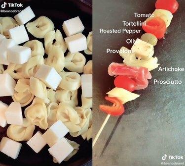 duas capturas de tela de um vídeo tiktok mostrando tortellini e queijo e um espeto com vários ingredientes