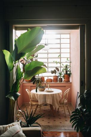 roze eetkamer met bistrotafel en stoelen en potplanten